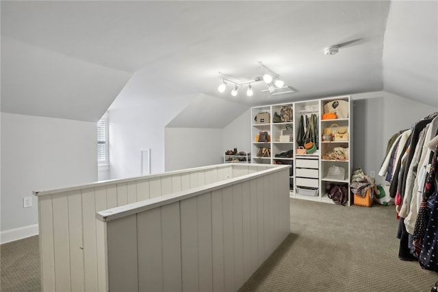 spacious closet with light carpet and lofted ceiling