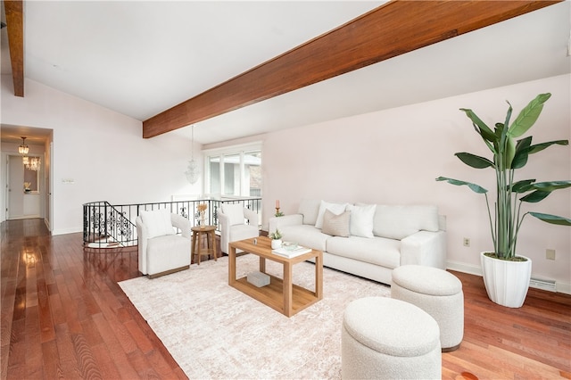 living room with lofted ceiling with beams, wood-type flooring, and a notable chandelier