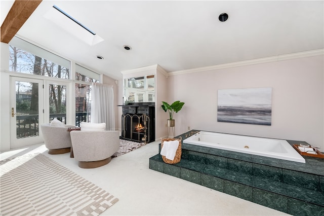 carpeted living room featuring crown molding and vaulted ceiling with skylight