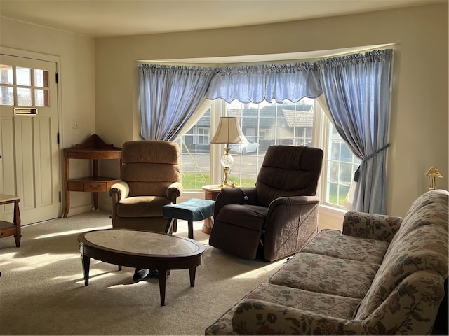 sitting room featuring light carpet and plenty of natural light