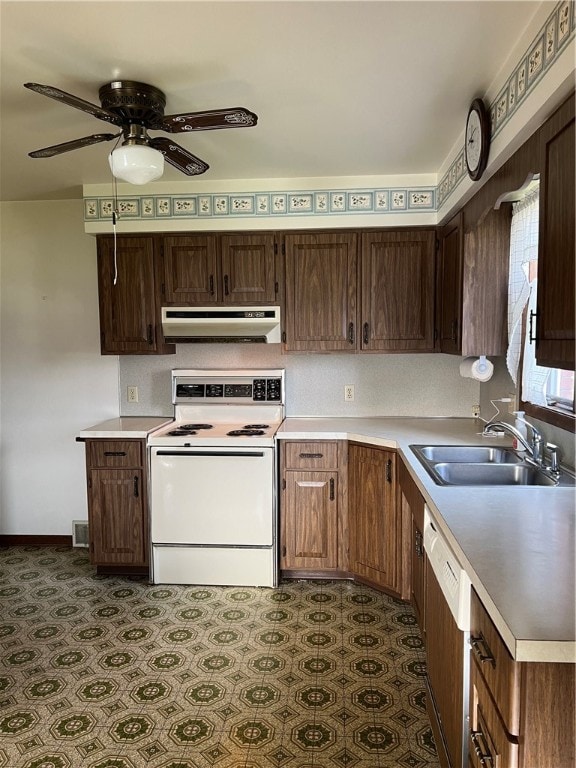 kitchen featuring ceiling fan, sink, white electric range, dishwashing machine, and dark brown cabinets