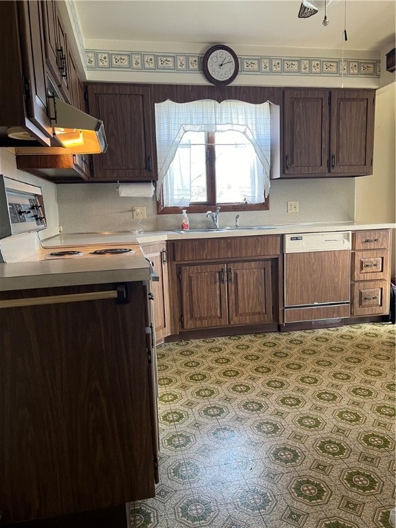 kitchen featuring dishwasher, dark brown cabinets, sink, and extractor fan