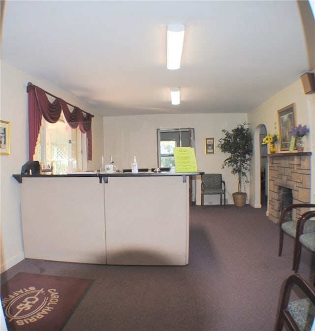 interior space with a stone fireplace and carpet flooring