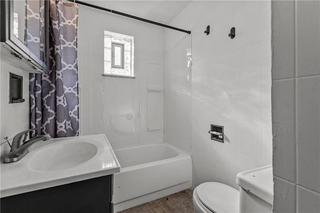 full bathroom with shower / tub combo with curtain, vanity, lofted ceiling, toilet, and tile walls