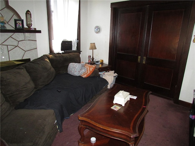 living room featuring dark carpet