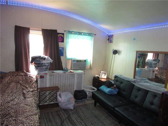 living room with cooling unit, vaulted ceiling, and radiator