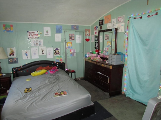 bedroom with vaulted ceiling and crown molding