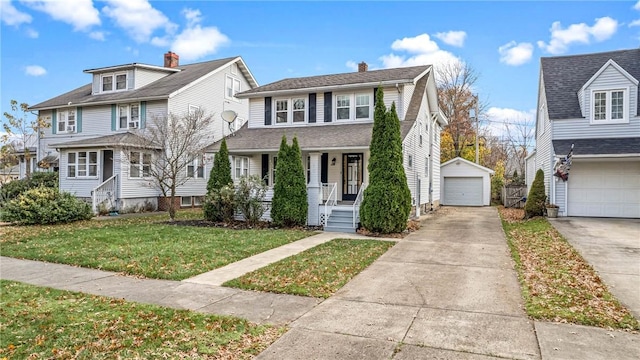 view of front of property with a garage, covered porch, an outdoor structure, and a front lawn