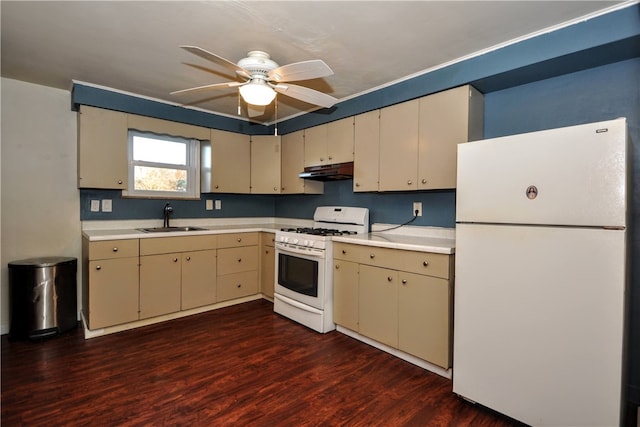 kitchen with cream cabinetry, sink, dark wood-type flooring, white appliances, and ceiling fan