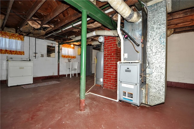 basement with gas water heater and heating unit