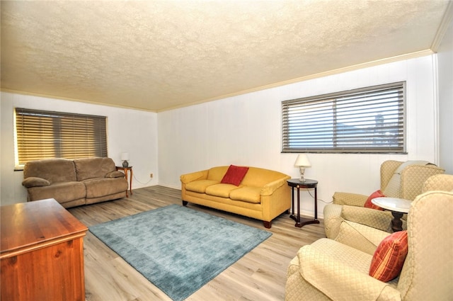 living room featuring ornamental molding, light hardwood / wood-style floors, and a textured ceiling