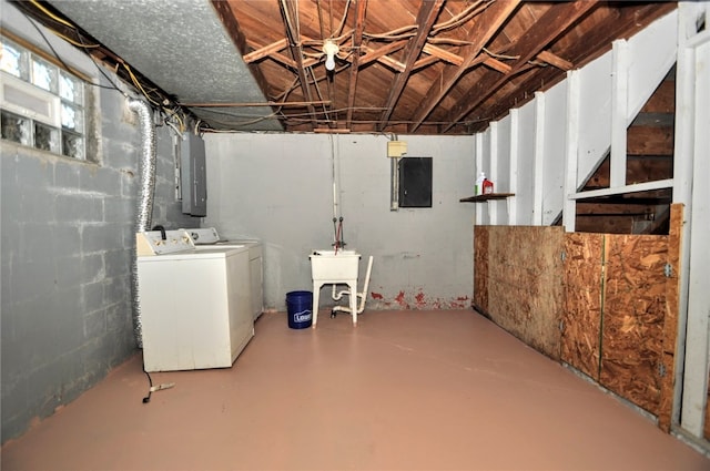 basement with washer and clothes dryer and electric panel