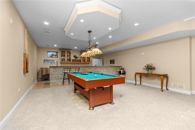 recreation room with bar area, light colored carpet, and billiards