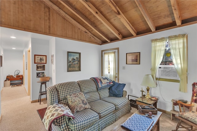 living room featuring wooden ceiling, cooling unit, lofted ceiling with beams, and light carpet