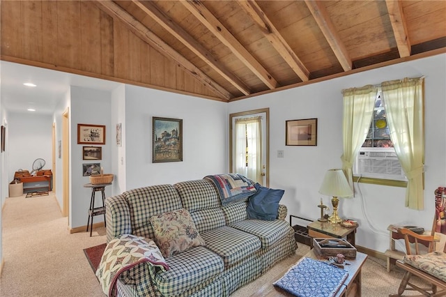 living room featuring carpet, wood ceiling, baseboards, and lofted ceiling with beams