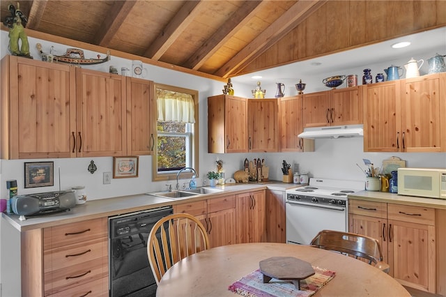 kitchen with sink, vaulted ceiling with beams, white appliances, and wood ceiling