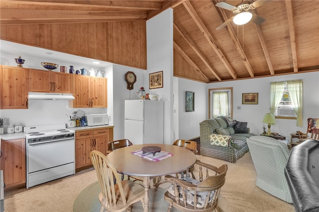 carpeted dining space featuring beam ceiling, high vaulted ceiling, ceiling fan, and wood ceiling