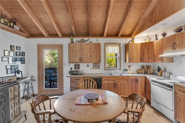 kitchen featuring light carpet, vaulted ceiling with beams, plenty of natural light, and white range with gas cooktop