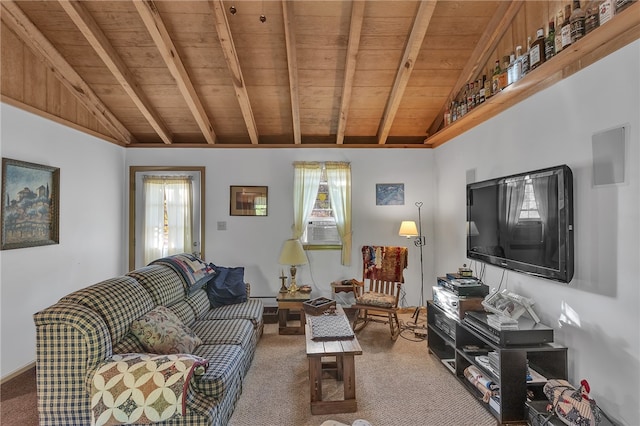 living room with vaulted ceiling with beams, wood ceiling, and carpet