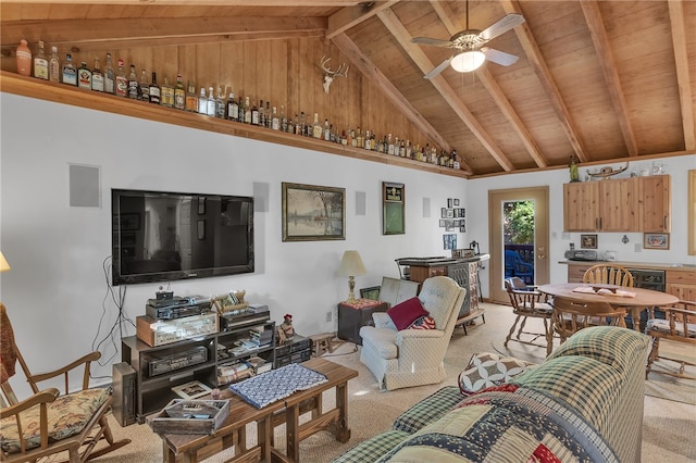 carpeted living room featuring beam ceiling, ceiling fan, wooden ceiling, high vaulted ceiling, and indoor bar