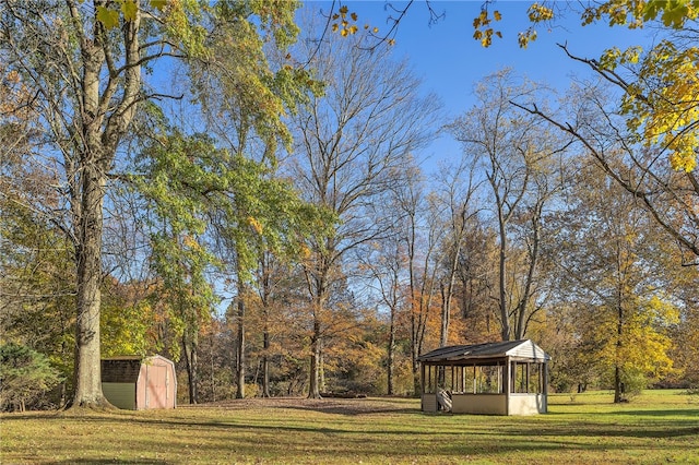 view of yard featuring a gazebo and a shed