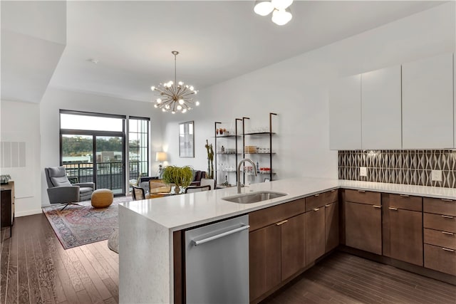 kitchen featuring stainless steel dishwasher, white cabinetry, kitchen peninsula, and sink