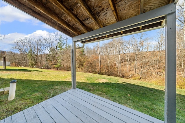 wooden deck featuring a lawn