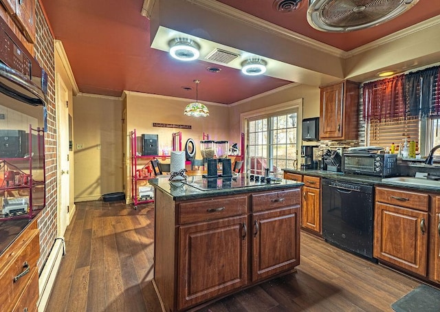 156 Sundust Rd, Nottingham, PA 15330 - kitchen with black dishwasher, ornamental molding, dark wood finished floors, a sink, and dark countertops