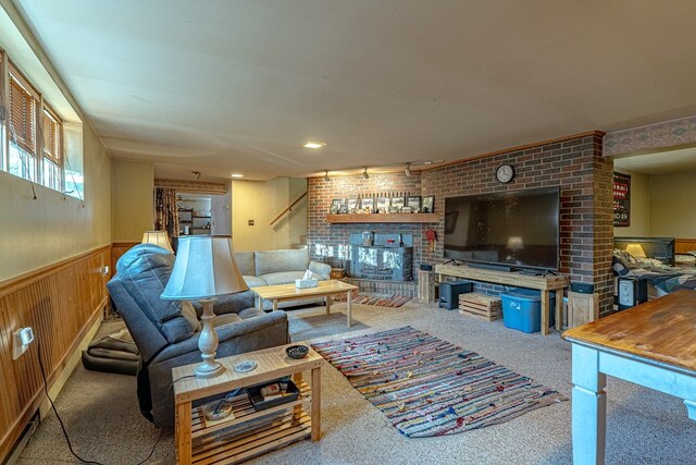 156 Sundust Rd, Nottingham, PA 15330 - living area with a fireplace, wainscoting, and carpet flooring