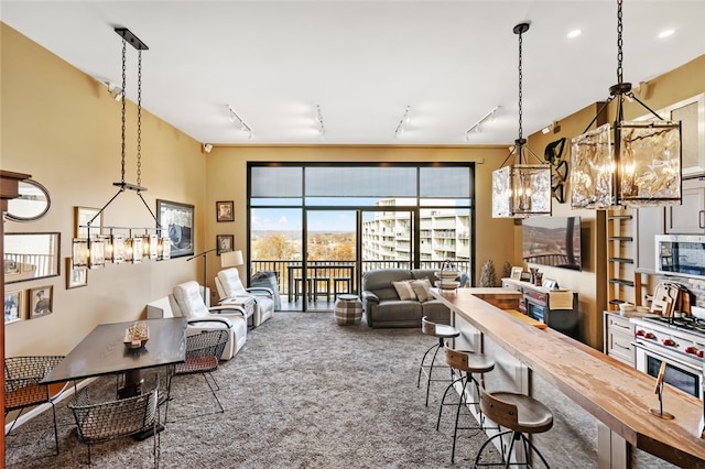 interior space featuring hanging light fixtures, carpet floors, rail lighting, and appliances with stainless steel finishes