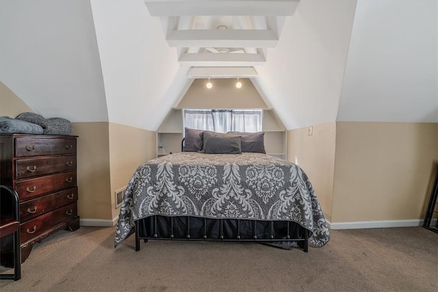 bedroom featuring vaulted ceiling with beams and light carpet