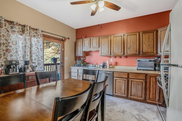 kitchen with dishwasher, white refrigerator, and ceiling fan