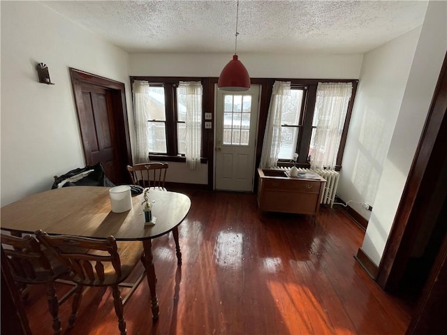 dining room with dark hardwood / wood-style floors and a textured ceiling