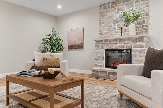 living room with a fireplace and hardwood / wood-style floors