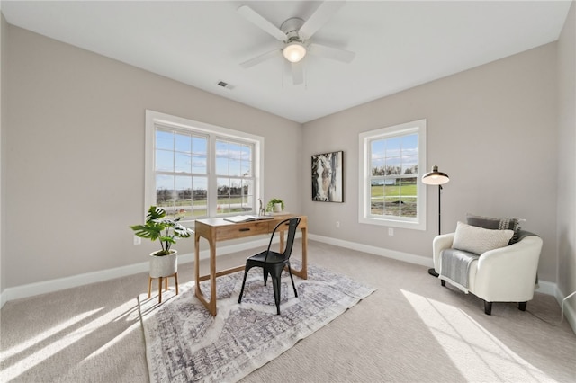 carpeted office featuring ceiling fan and a healthy amount of sunlight