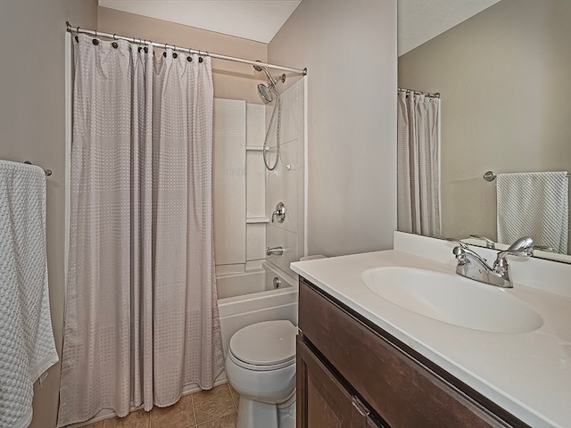 full bathroom with tile patterned floors, vanity, toilet, and shower / tub combo with curtain