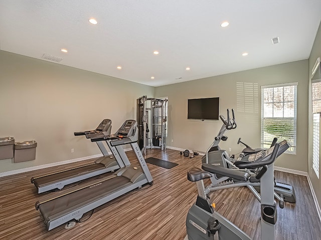 workout room featuring hardwood / wood-style flooring