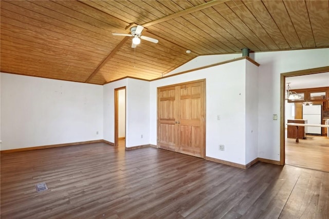 175 Long Woods Rd, Waynsbrg/Frankln Twp, PA 15370 - unfurnished bedroom with wood ceiling, freestanding refrigerator, wood finished floors, vaulted ceiling, and baseboards