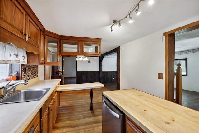 175 Long Woods Rd, Waynsbrg/Frankln Twp, PA 15370 - kitchen featuring a sink, dishwasher, dark wood-style floors, and glass insert cabinets