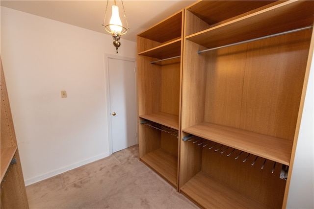 walk in closet with light colored carpet