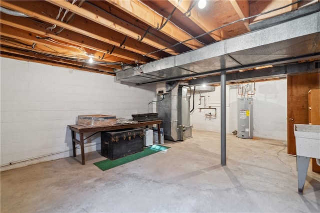 basement with heating unit and water heater