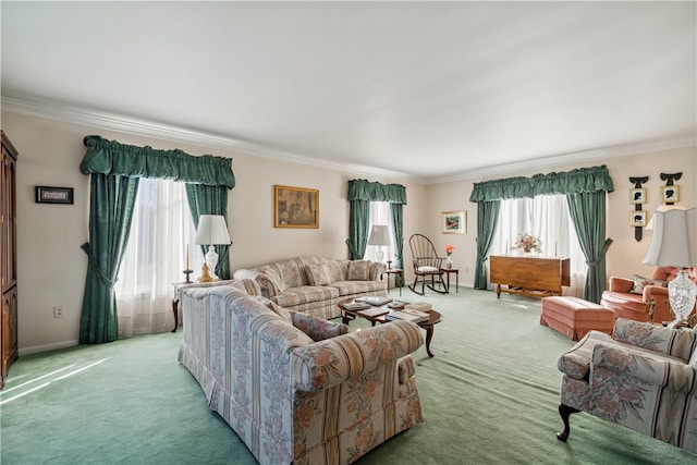 carpeted living room with crown molding