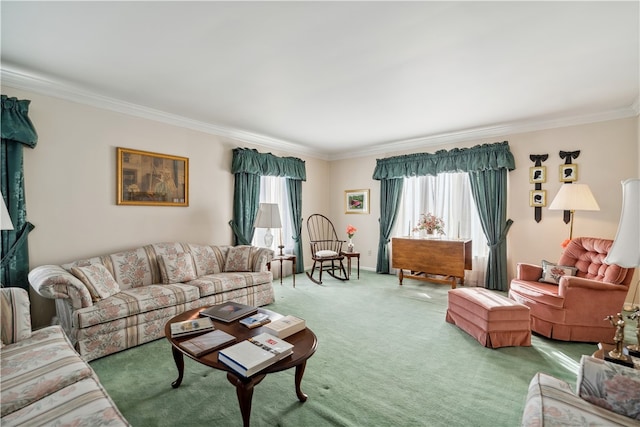 living room featuring carpet flooring and ornamental molding