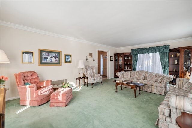 carpeted living room featuring crown molding