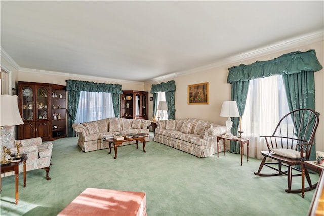 carpeted living room featuring crown molding