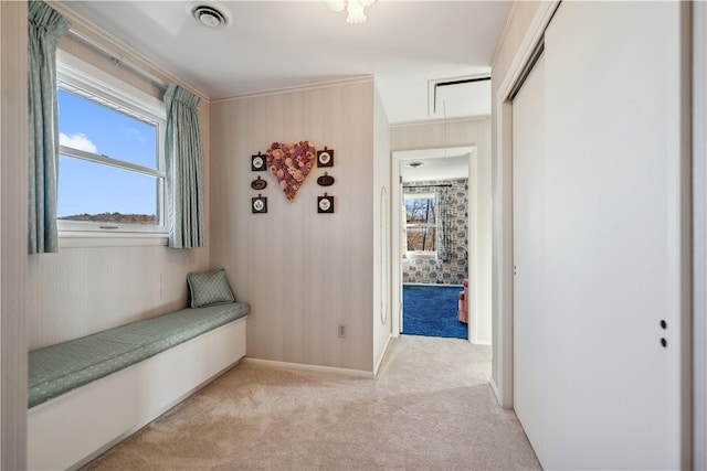 corridor featuring light colored carpet and ornamental molding