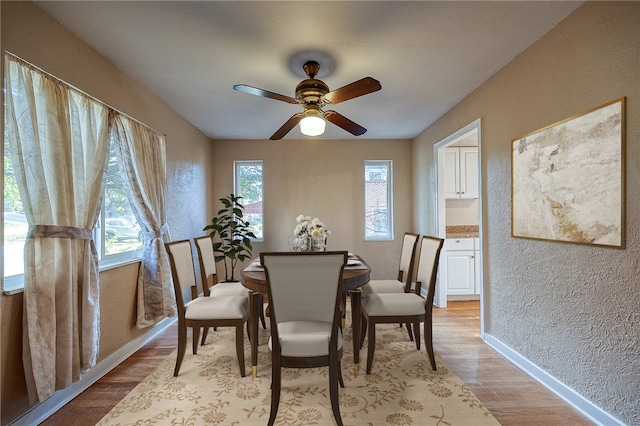 dining space with light hardwood / wood-style flooring and ceiling fan