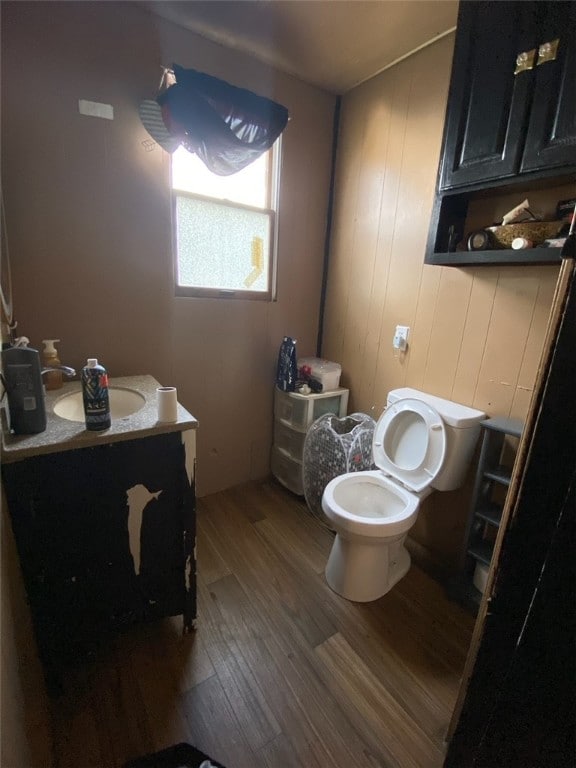 bathroom with vanity, wood-type flooring, and toilet