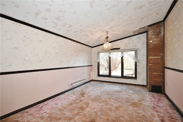 unfurnished room with crown molding, carpet, a baseboard radiator, and lofted ceiling