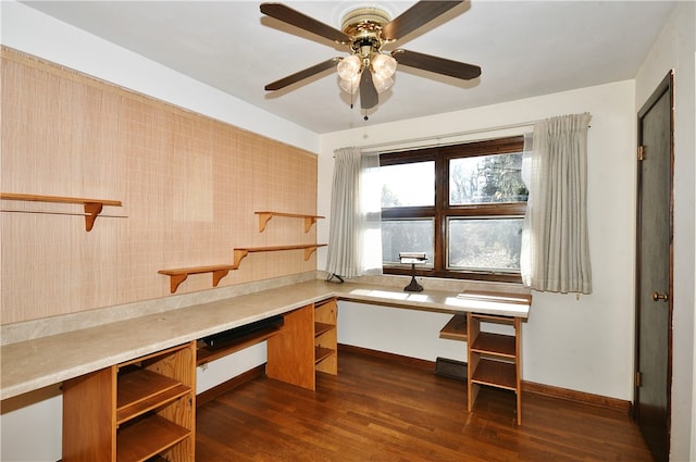 office with ceiling fan and dark wood-type flooring